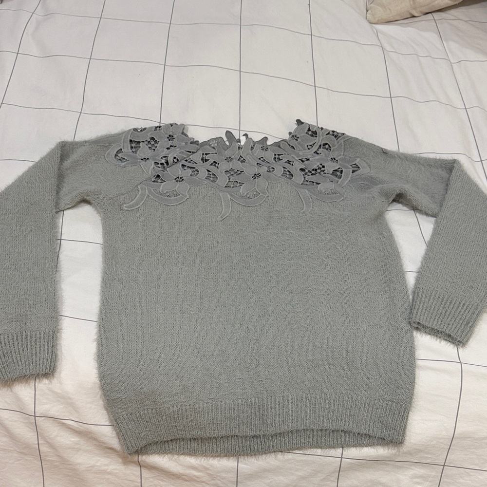 En Creme Soft Gray Sweater with Floral Lace